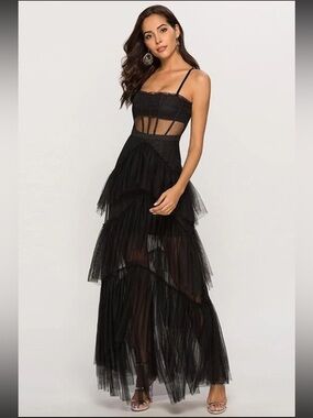NWT Black Corset Layered Tulle Mesh Maxi Dress size S
